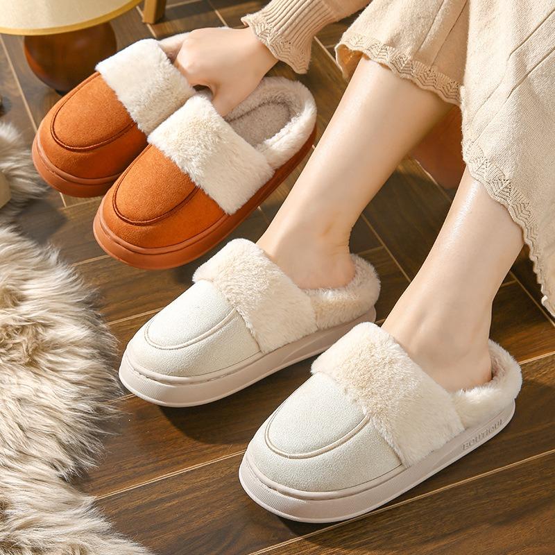 Cotton slippers women autumn and winter indoor home couple thick bottom warm suede fluffy slippers men wear outside in winter