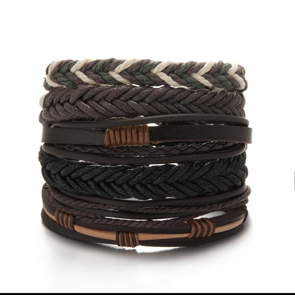 Trendy Braided Wrap Leather Bracelets Men Vintage Cross Dumbbell Guitar Charm Wood Beads Male Wristbands Jewelry Pulsera Hombre