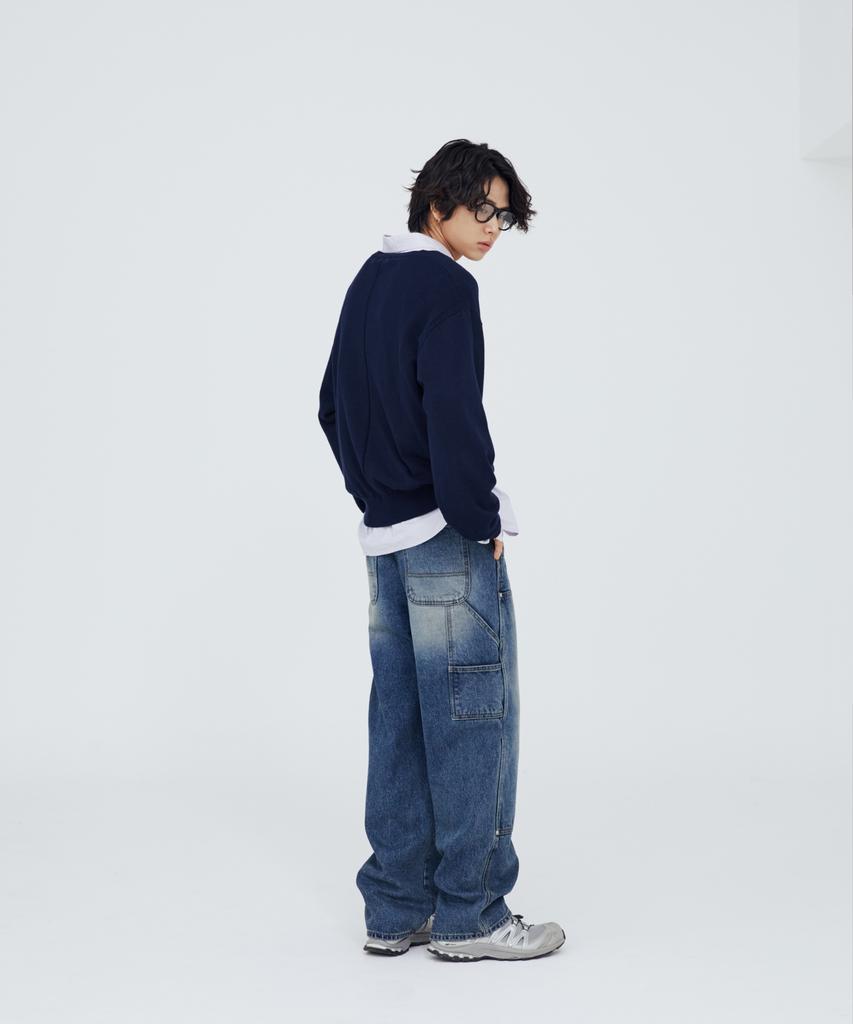 Modenaleudeo Double Knee Wide Denim Pants (Medium Blue)