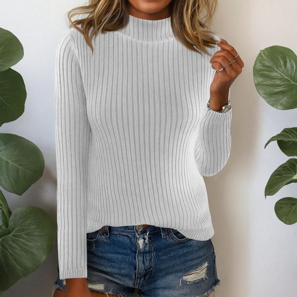 Women's Fashionable Solid Color Half High Collar Long Sleeve Knitted Pullover Sweater Top