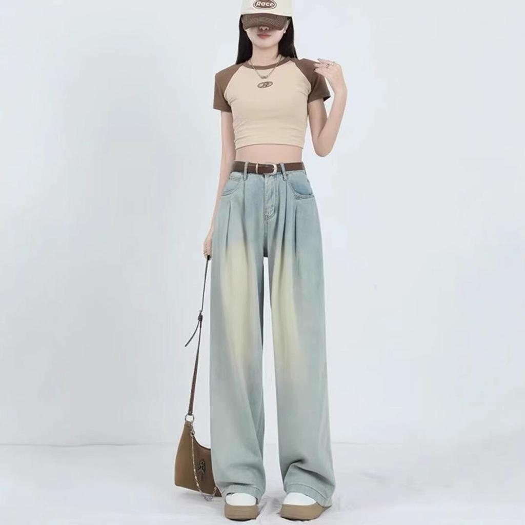 Women's Spring & Summer High-Waisted Light Blue Washed Wide-Leg Jeans - Slimming Pleated Floor-Length Design