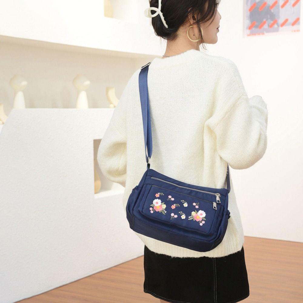 Waterproof Embroidered Oxford Shoulder Bag Multi Pockets Middle Aged Messenger Bag Handbag