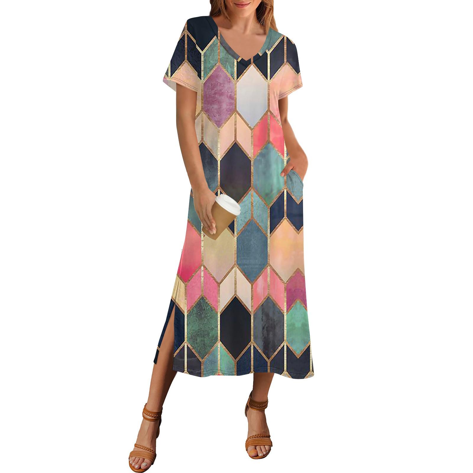 

Женское летнее винтажное платье с принтом в стиле пэчворк, пляжное платье с коротким рукавом и карманом, повседневное платье с V-образным вырезом и боковыми разрезами XL арбуз красный