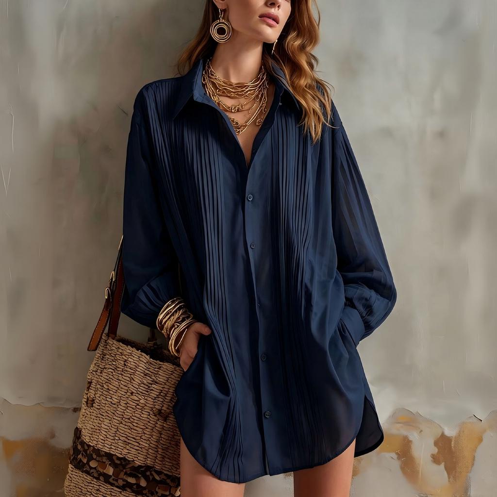 Women's Pleated Lapel Blouse Loose Fit Versatile Top for Work Commute and Daily Wear