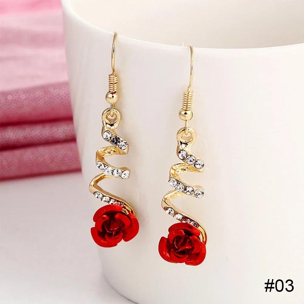 Women s Fashion Rose Flower Long Rhinestone Tassel Stud Earrings All-match Accessory Long Flower Jewelry