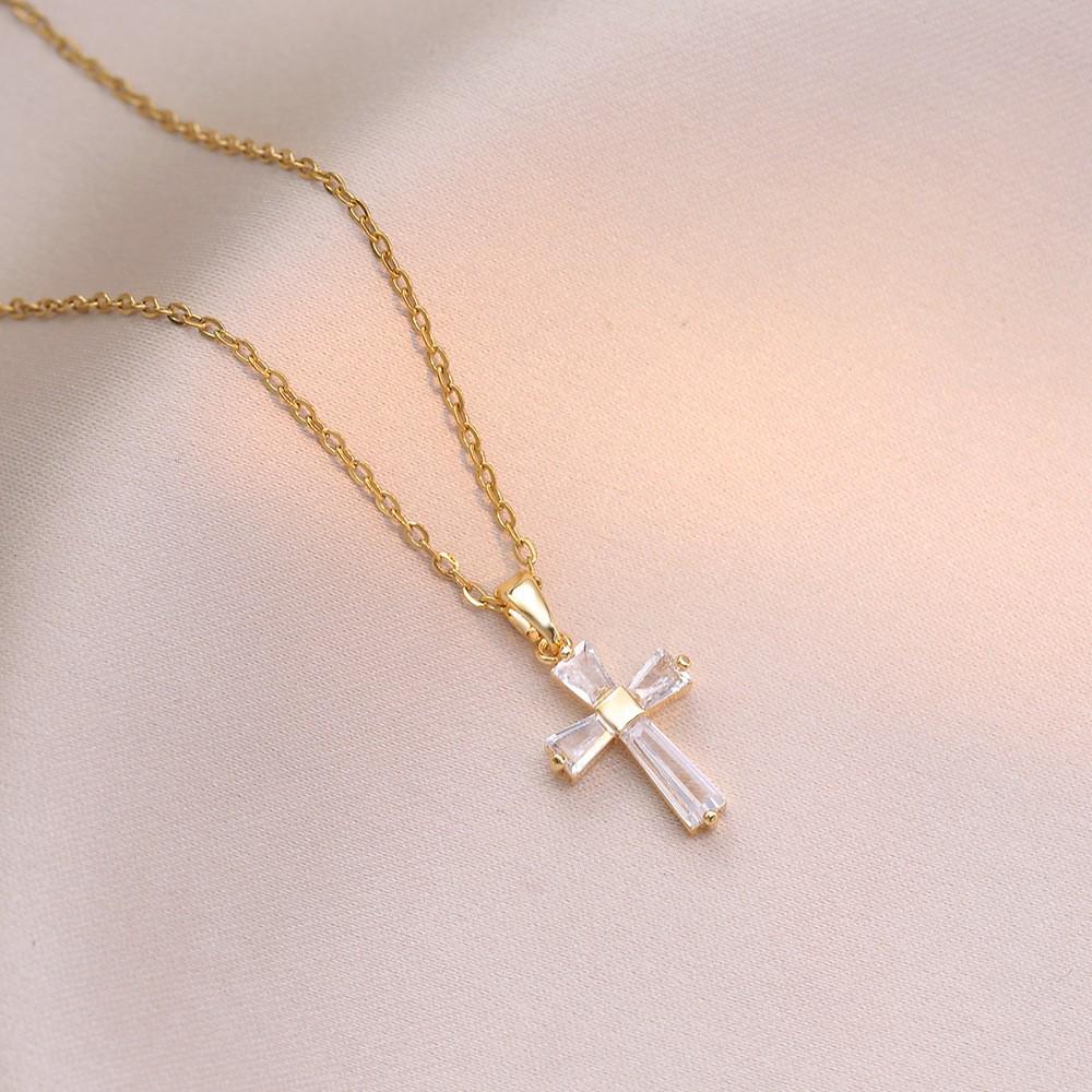 Damen Bunte Zirkon Kreuz Halskette - Nischendesign mit Voll-Diamant-Anhänger an Edelstahlkette