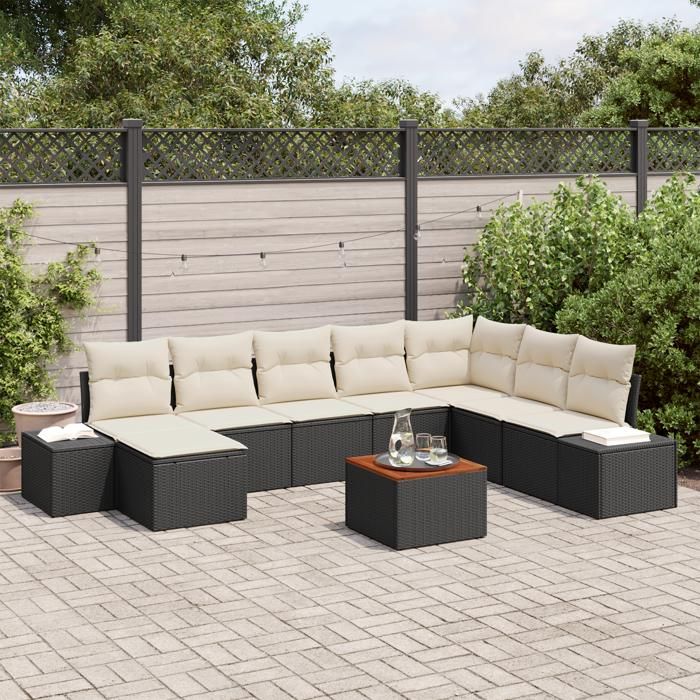 VidaXL Ensemble de canapés de jardin 9 pièces avec coussins noir rotin poly acacia 3347992