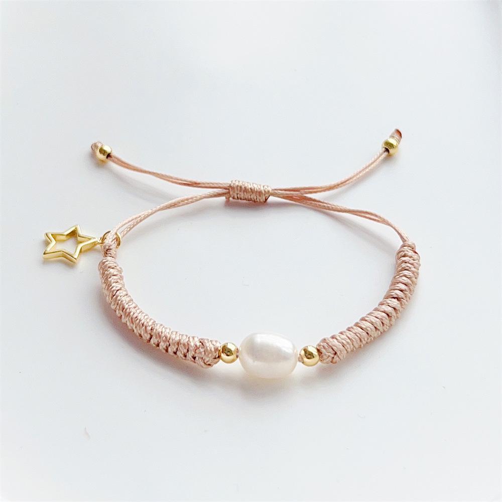 Bohemian Style Freshwater Pearl Bracelet with Hollow Star Charm On Waxed Cord