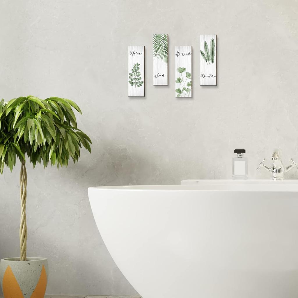 Yookeer Bathroom Wall Decor 4 Pieces Relax Soak Unwind Breathe with Boho Leaf Art Print Minimalist Sign Botanical Wooden Hanging Wall Art Decor for
