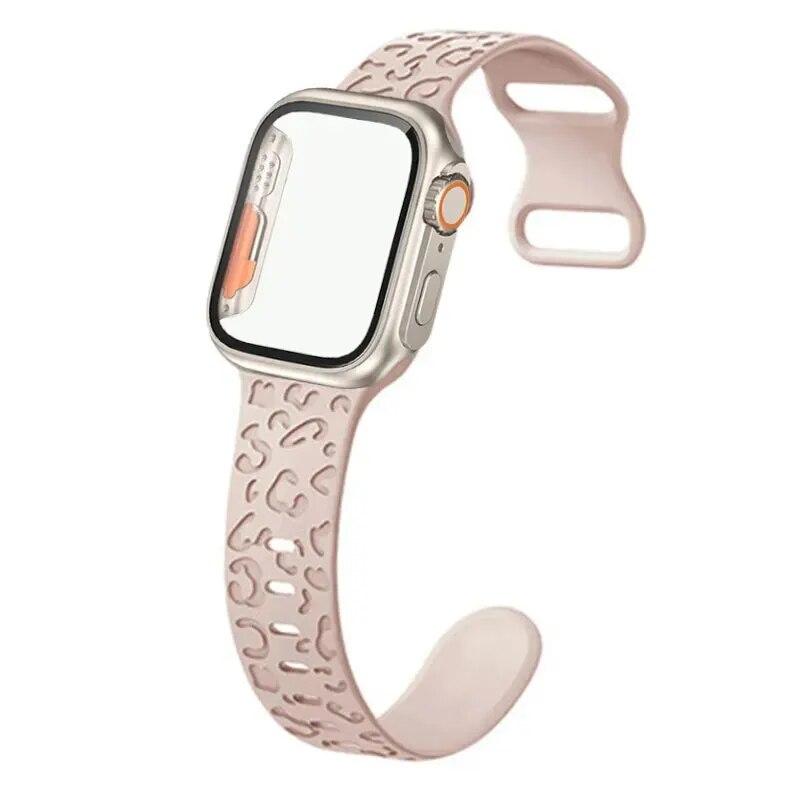 

Чехол+Ремешок Для Apple Watch Ремешок 44мм 40мм 45мм 41мм 38мм 42мм Леопардовый Гравированный Силиконовый Браслет iWatch 9 7 SE 4 5 6 8 3 2 1 41mm розовый