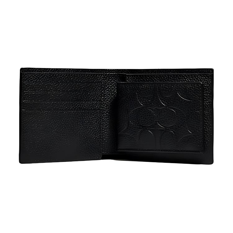 Coach 3 In 1 Wallet 11 Embossed Monogram Print Folded Short Solid Color Leather Wallet Card Holder Men Wallet Black C1231-BLK