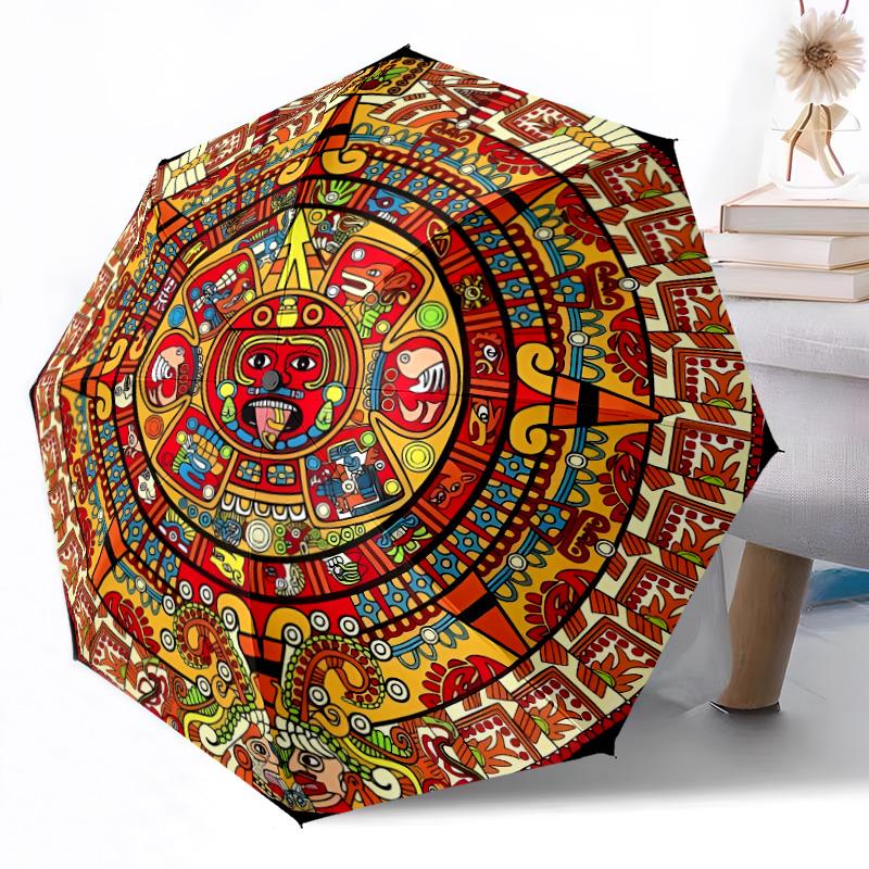 Aztekenkalender-Scheibe Outdoor Automatischer Regenschirm Kompakt 8-Rippen Leicht Langlebig Täglicher Begleiter Regenschirm Outdoor-Accessoire Stilvolles Geschenk für Frauen