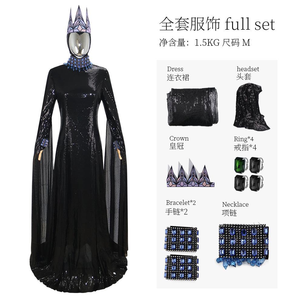 Fantasia Cosplay de Rainha Má de Anime Rainha da Neve Branco Má Cosplay Fantasia Preto Longo Vestido Coroa Fantasia de Festa de Halloween Ternos