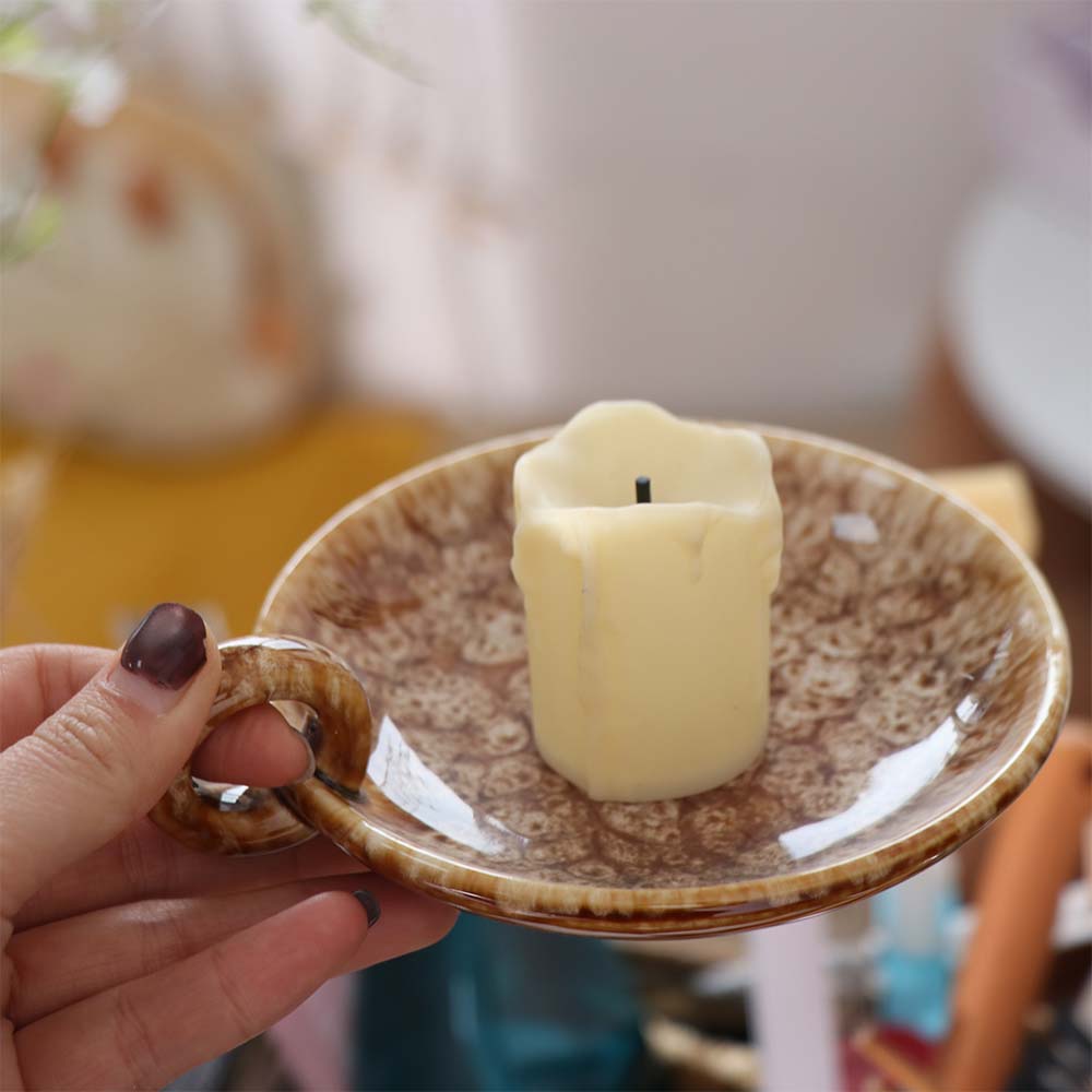 Round Ceramic Candle Plate Retro Style Candlestick Holder Minimalist Candlelight Stand  Living Room