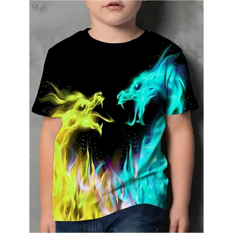Boys Kids Clothes Flaming Dragon 3D Print Short Sleeves Graphic T Shirts Summer Outdoor Clothes for Children Children's T-Shirt