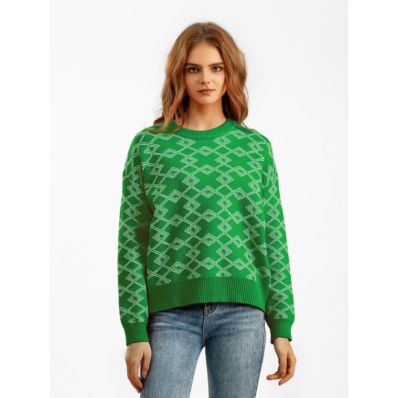 Suéter feminino de manga comprida jacquard para outono e inverno, gola redonda solta e versátil