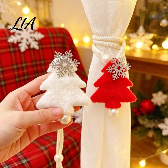 Christmas Party Scene Decorations Tree Curtain Tieback with Snowflake Pearl Decor, Fabric Xmas Adjustable Rope Ties Drape Holder, Tie for Window Home