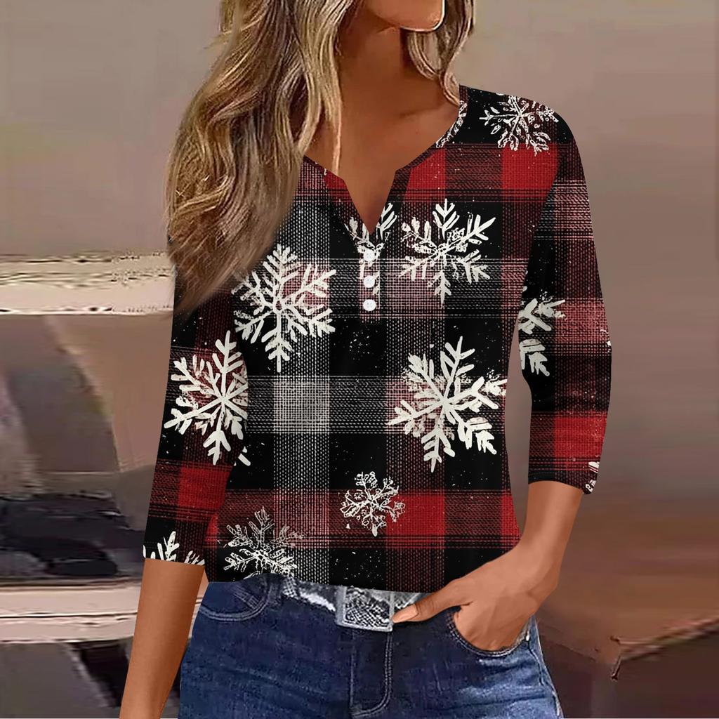 Women's Fashion Casual Christmas Tree Print V-Neck Decorative Button Three-Quarter Sleeve T-Shirt Top