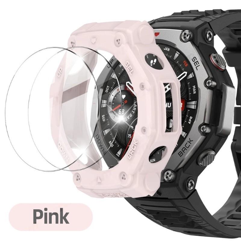 Anti-scratch Screen Protector Tempered Glass Film with Bumper Silicone Protective Cover for Amazfit T-Rex 3 Pro T-Rex3