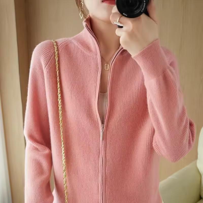 Autumn and Winter Solid Color Zipper Jacket Knitted Sweater Cardigan Women's Standing High Neck Loose Slimming Knitted Sweater Spring