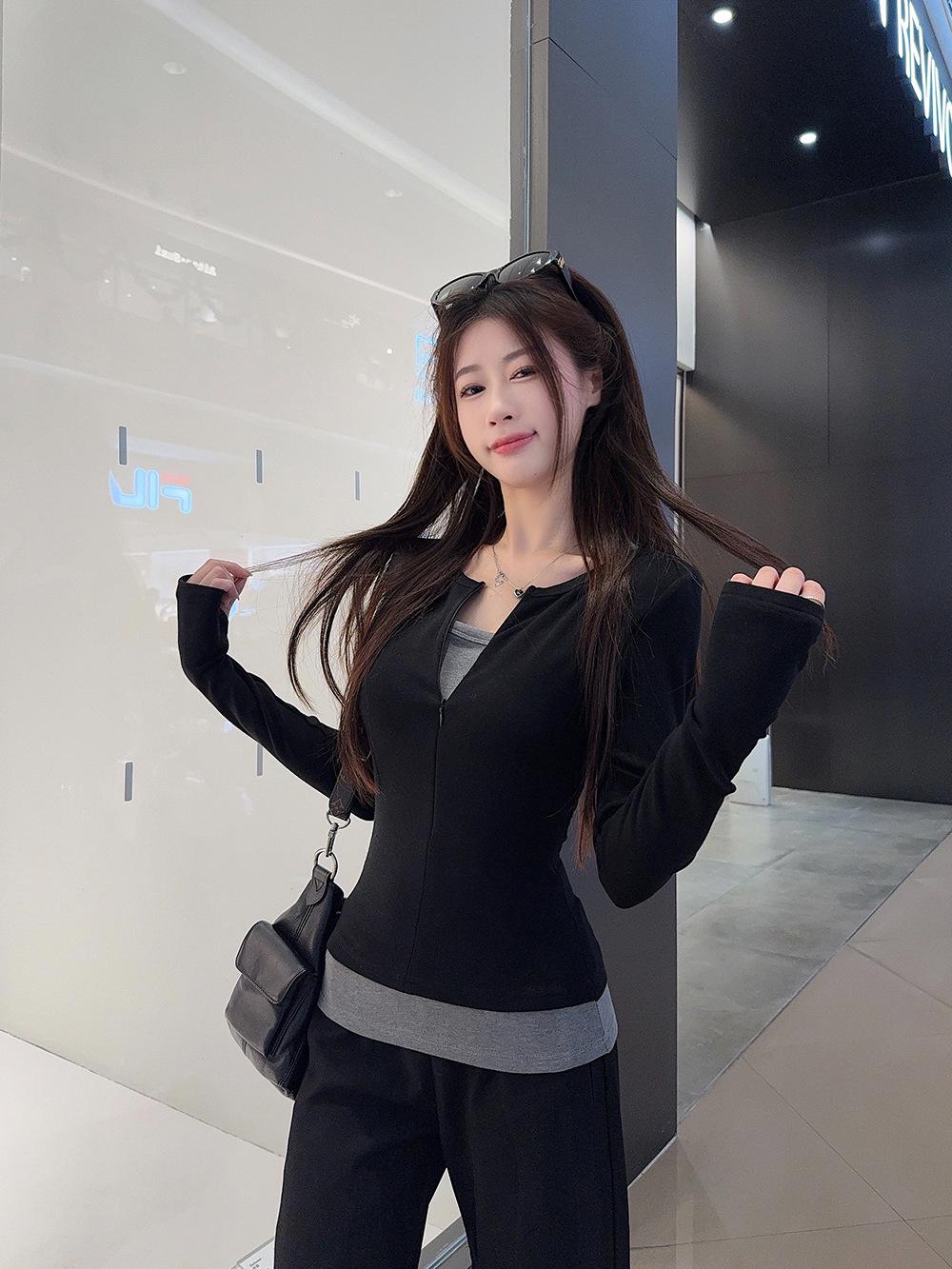 Winter Fleece Color Block Slim Fit Long Sleeve Two-Piece Spliced Women s Top Small