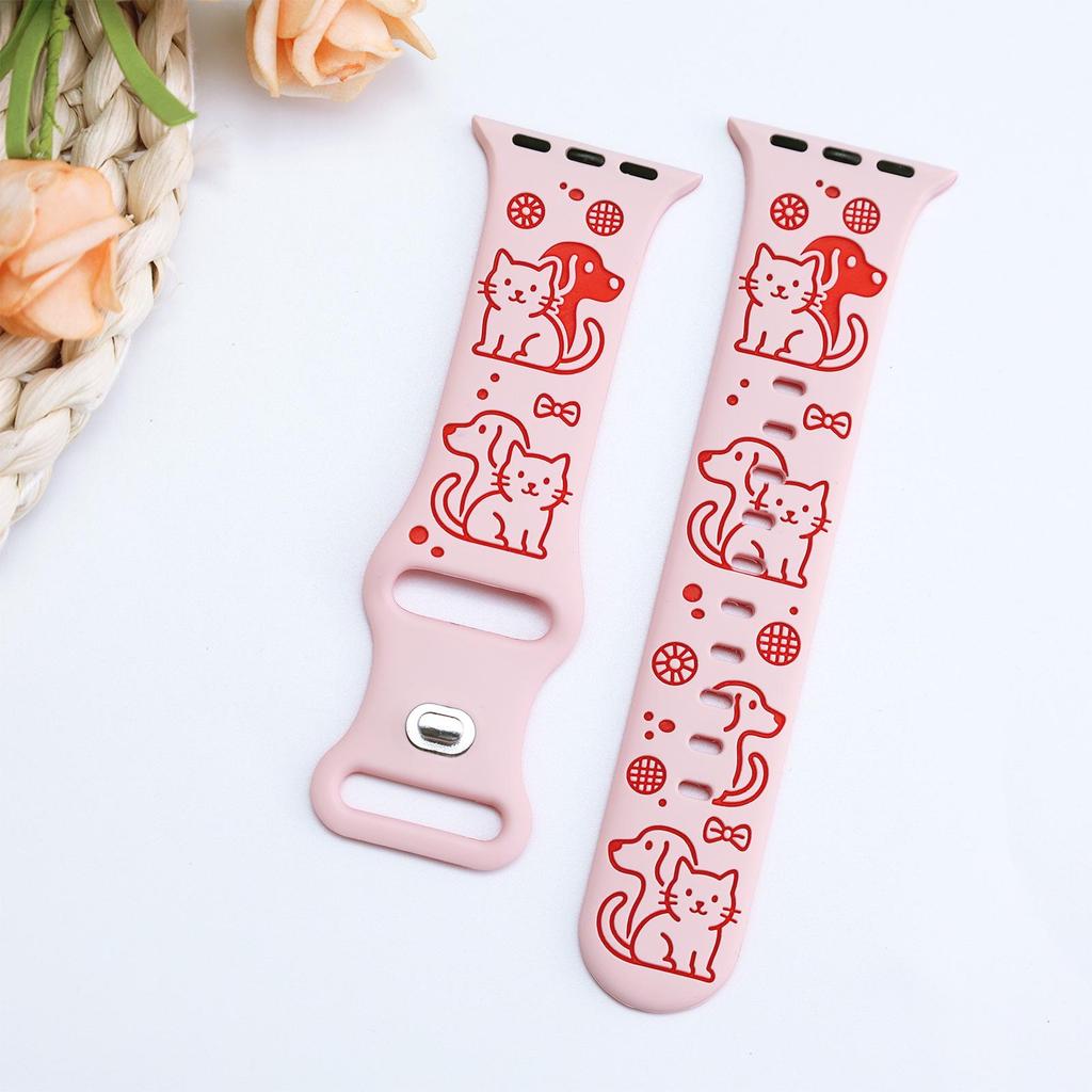 Silicone Watch Strap for Apple Watch S10/S987654 with Cat & Dog Pattern