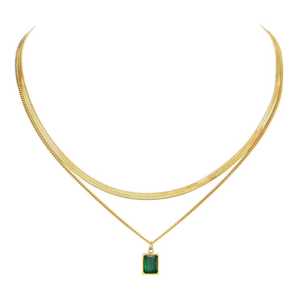 Layering Necklace for Women, Gold Plated Stainless Steel Green Zirconia Rectangle Pendant, Herringbone Chain Choker, Set 2Pcs