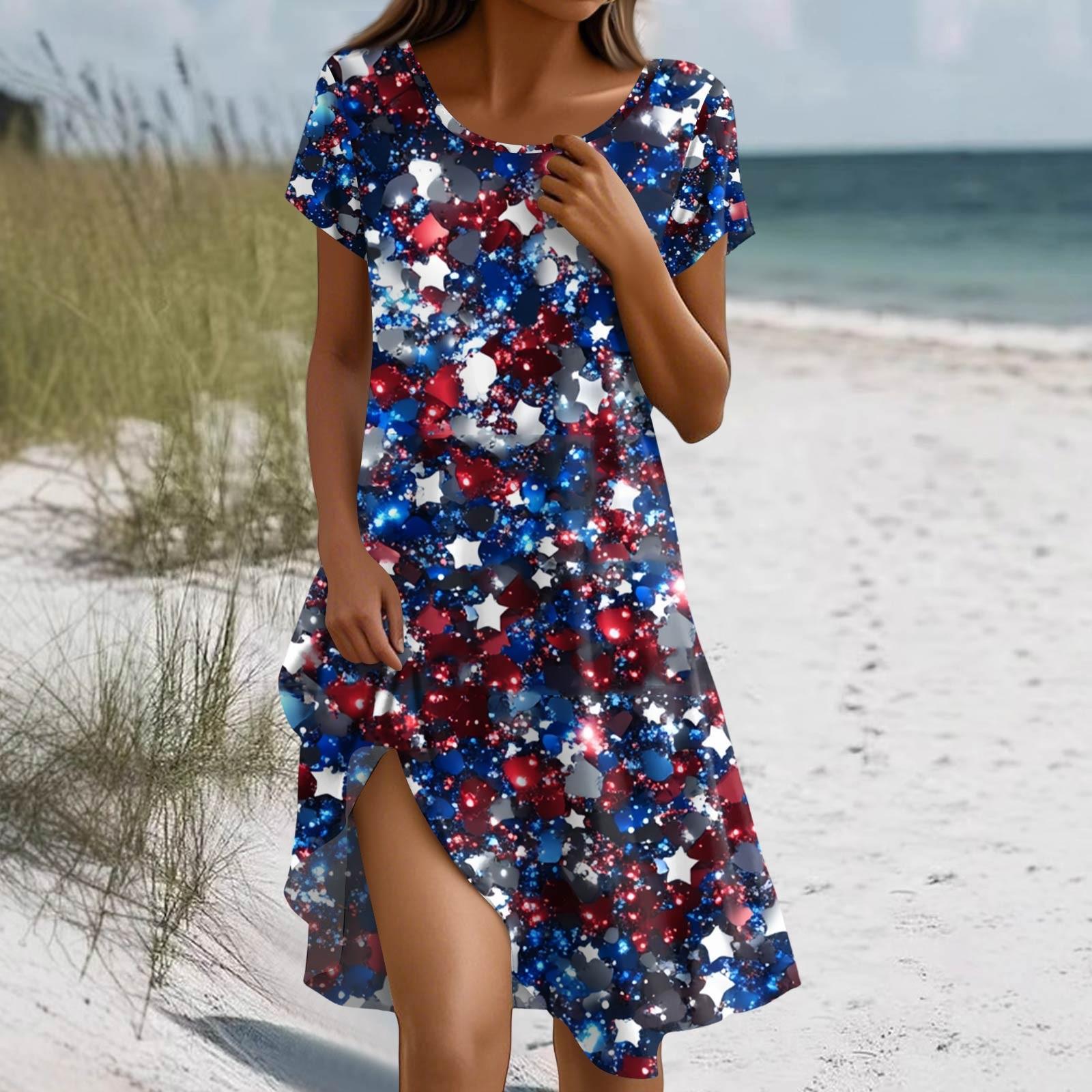 

Платье в стиле бохо с коротким рукавом для женщин, повседневное, свободного кроя, летнее, сарафан с цветочным принтом и карманами XL синий