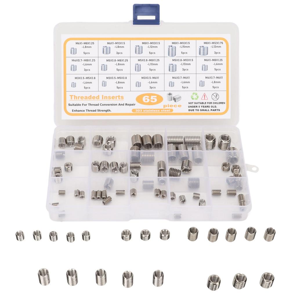 65PCS Threaded Insert Assortment Kit 303 Stainless Steel Thread Repair Sleeves Reducing Nuts