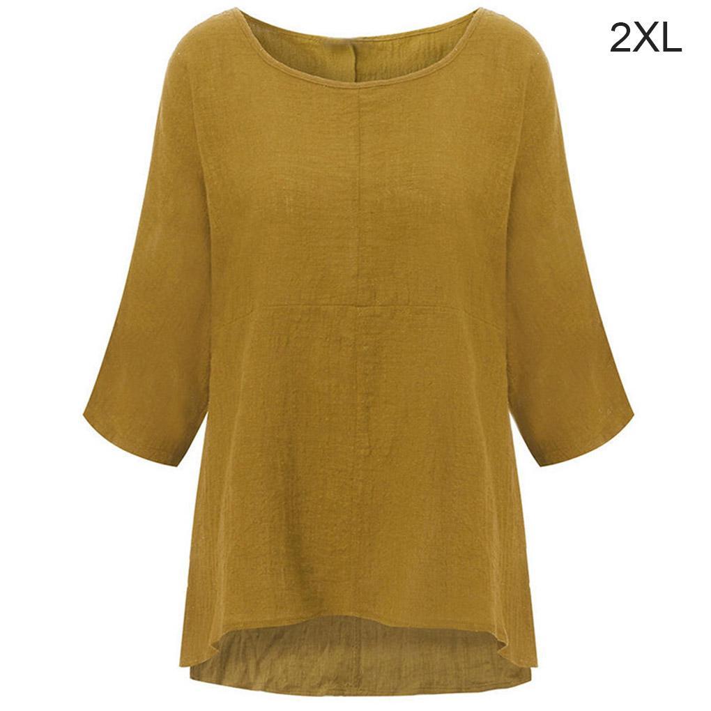 Women T-Shirt Solid Color Casual Top Short Sleeve Linen Blouse