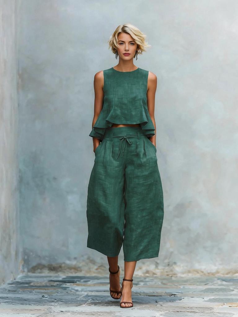 Neue Ankunft Sommer Damen Leinenmischung Zweiteiliges Set mit Rüschen