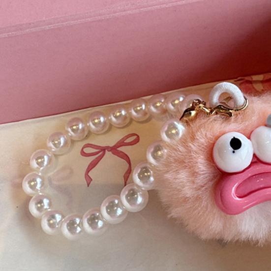 Large Mouth Cartoon Plush Doll Keychain With Faux Pearls Lanyard