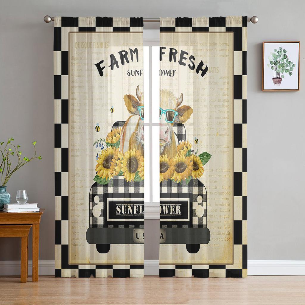 American Country Style Sunflower Cow Sheer Curtains for Living Room Modern Voile Curtain Bedroom Tulle Curtains Window Drapes