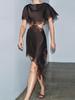 Women's Asymmetrical Black Lace Evening Gown - Sexy European & American Style with See-through Patchwork and Hollow-out Design