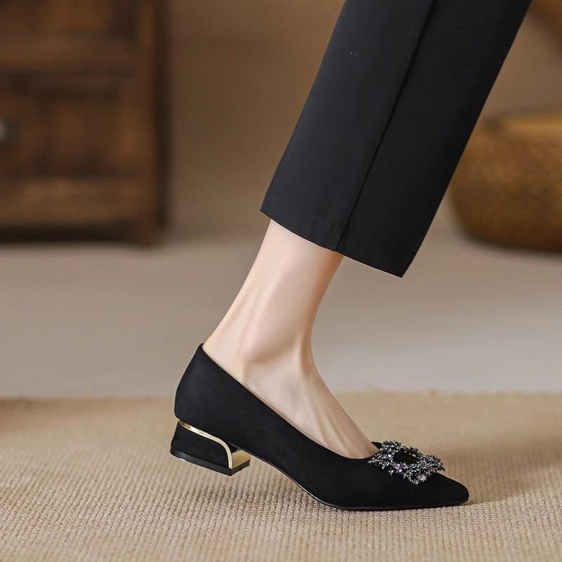 Summer and Autumn New Pointed Soft Sole Black High Heels Suede Commuter Dress Rhinestone Thick Heel Single Shoes Work Shoes