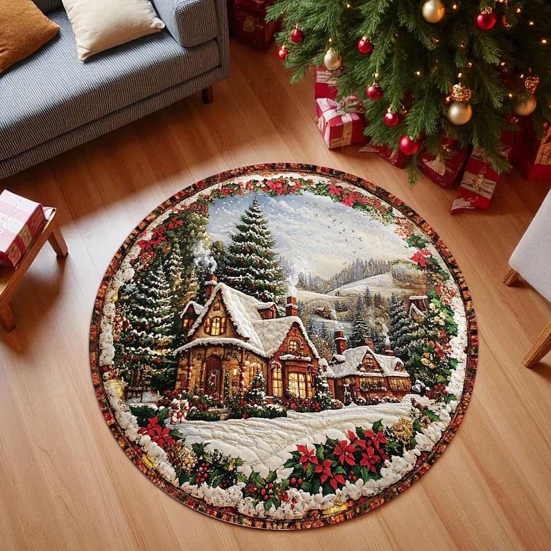 Christmas 3D Illusion Round Carpet Mat Rug Santa Snow Scene Festive Home Decoration Xmas Party Decor Floor Mat for Living Room