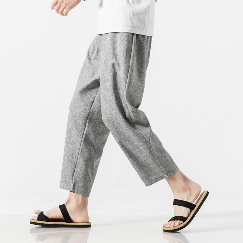 Herren Baumwolle Leinen Cropped Hosen Sommer Einfarbig Lässig Elastischer Bund Leicht Gerade Beine Hosen Locker Übergröße Herren Bekleidung