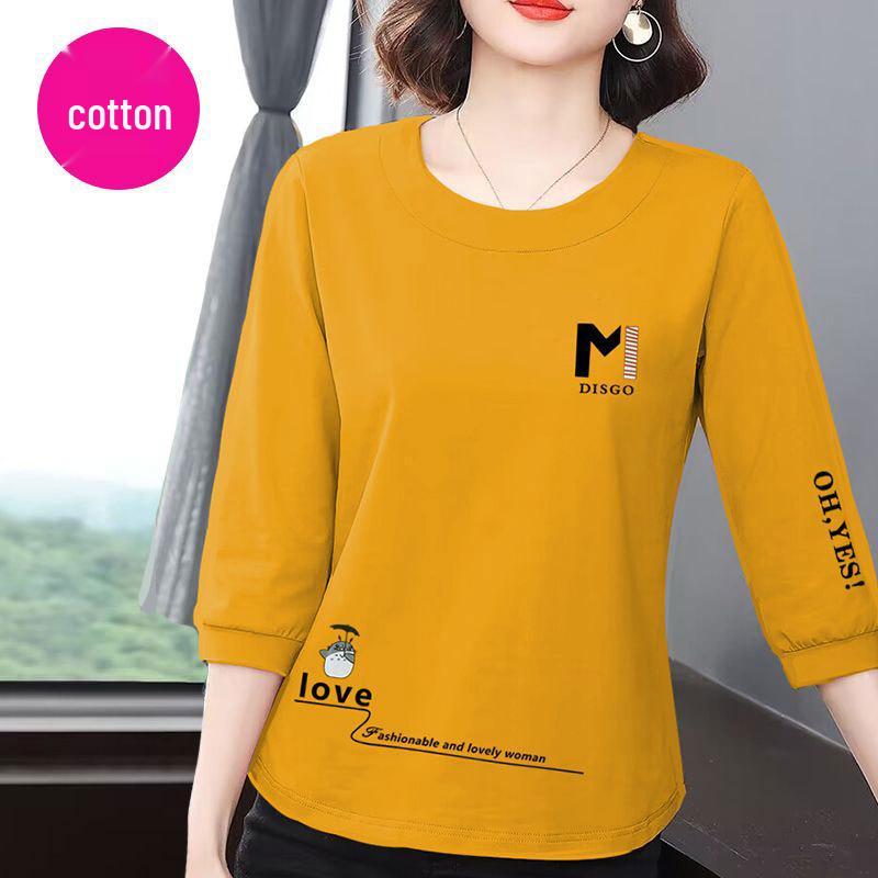 

Женская хлопковая футболка премиум-класса с рукавом семь восьмых, приталенная - корейский стиль, повседневная, лето 2025 XL (55-62.5 kg)