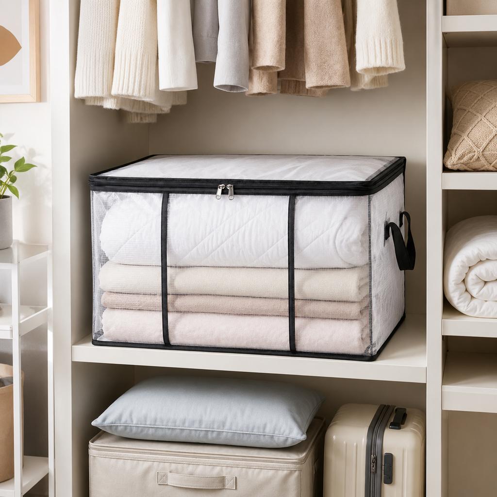 Large Capacity Transparent PVC Storage Bag with Zipper Closure and Reinforced Handles for Clothes Bedding and Moving Organization