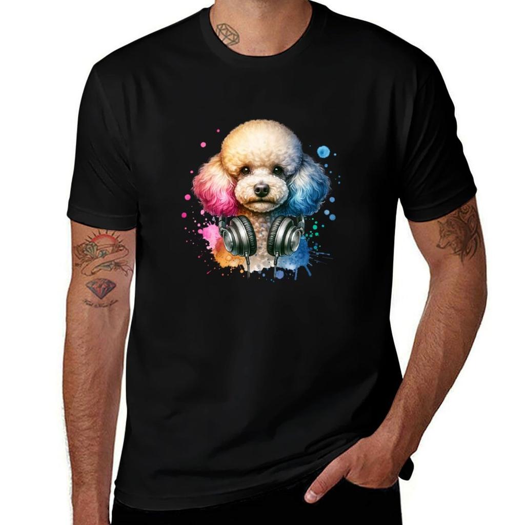 Poodle With Headphones Tshirt Work Daily Short Sleeve Top