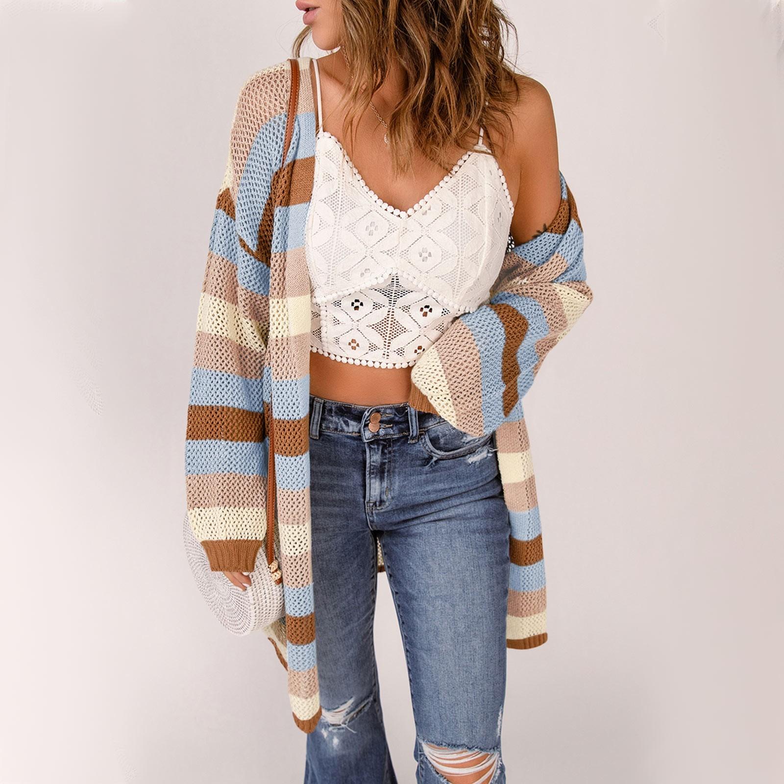 

Женский однотонный топ в полоску, кардиган с длинными рукавами, легкая длинная куртка S