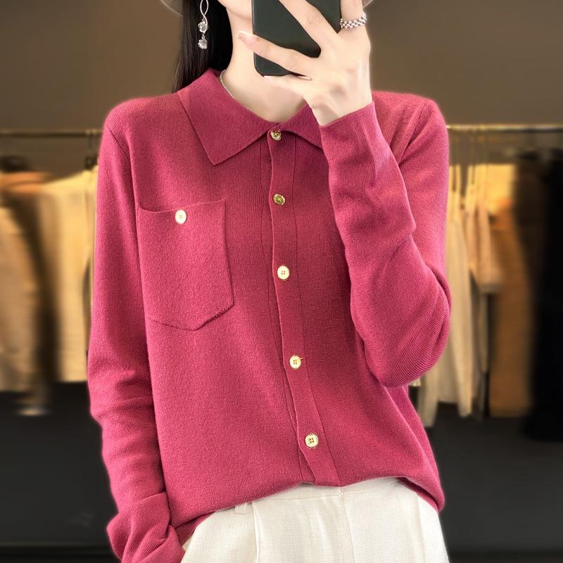 Autumn New Polo Neck Sweater Cardigan Button Niche Design Outside Wear Long Sleeve Knitted Bottom Top