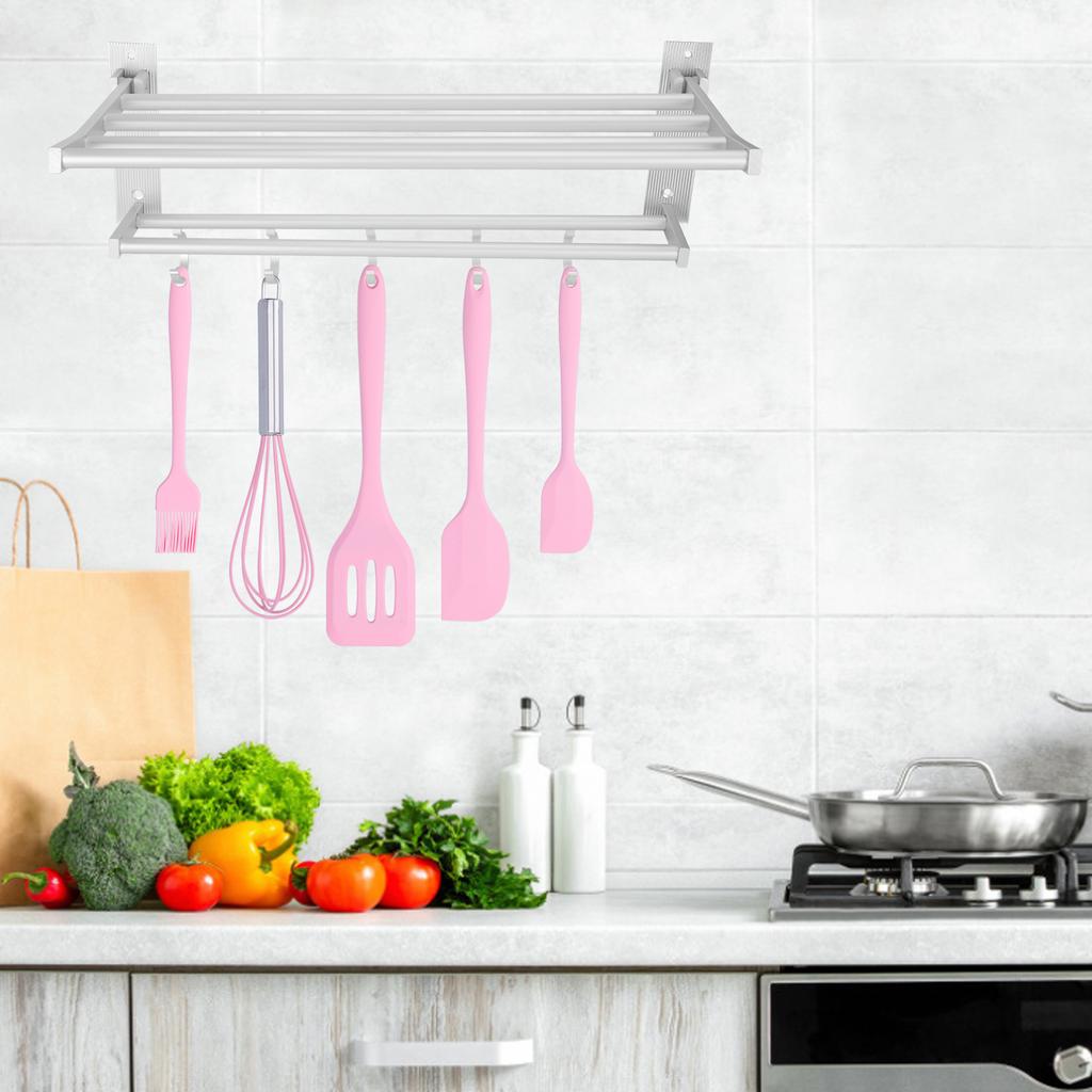 40cm Shower Shelf Foldable Aluminum Bathroom Towel Coat Rack with 5 Hooks Silver Bathroom Accessory Storage Rack Towel Organizer