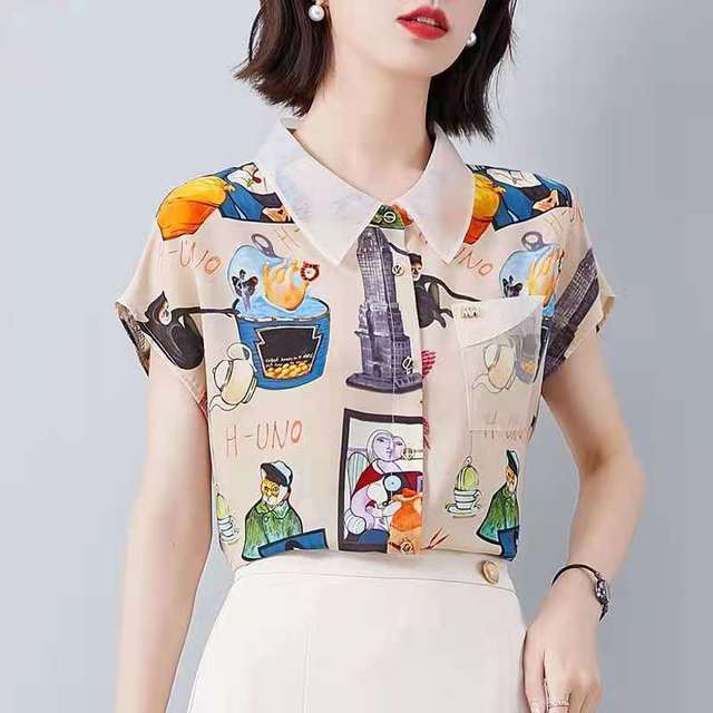 

Шифоновая рубашка с цветочным принтом, летняя свободная блузка в стиле ретро с короткими рукавами и кукольным вырезом XL бежевый