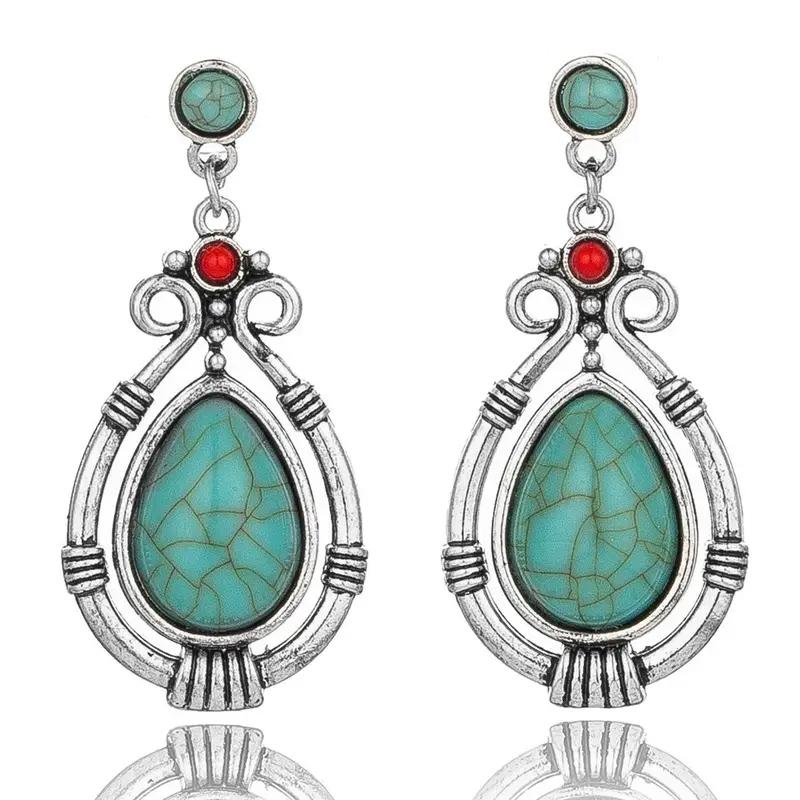 1pair Fashion Vintage Natural Red Stone Turquoise Water Drop Shaped Dangle Earrings for Women, Holiday Banquet Jewelry Gift