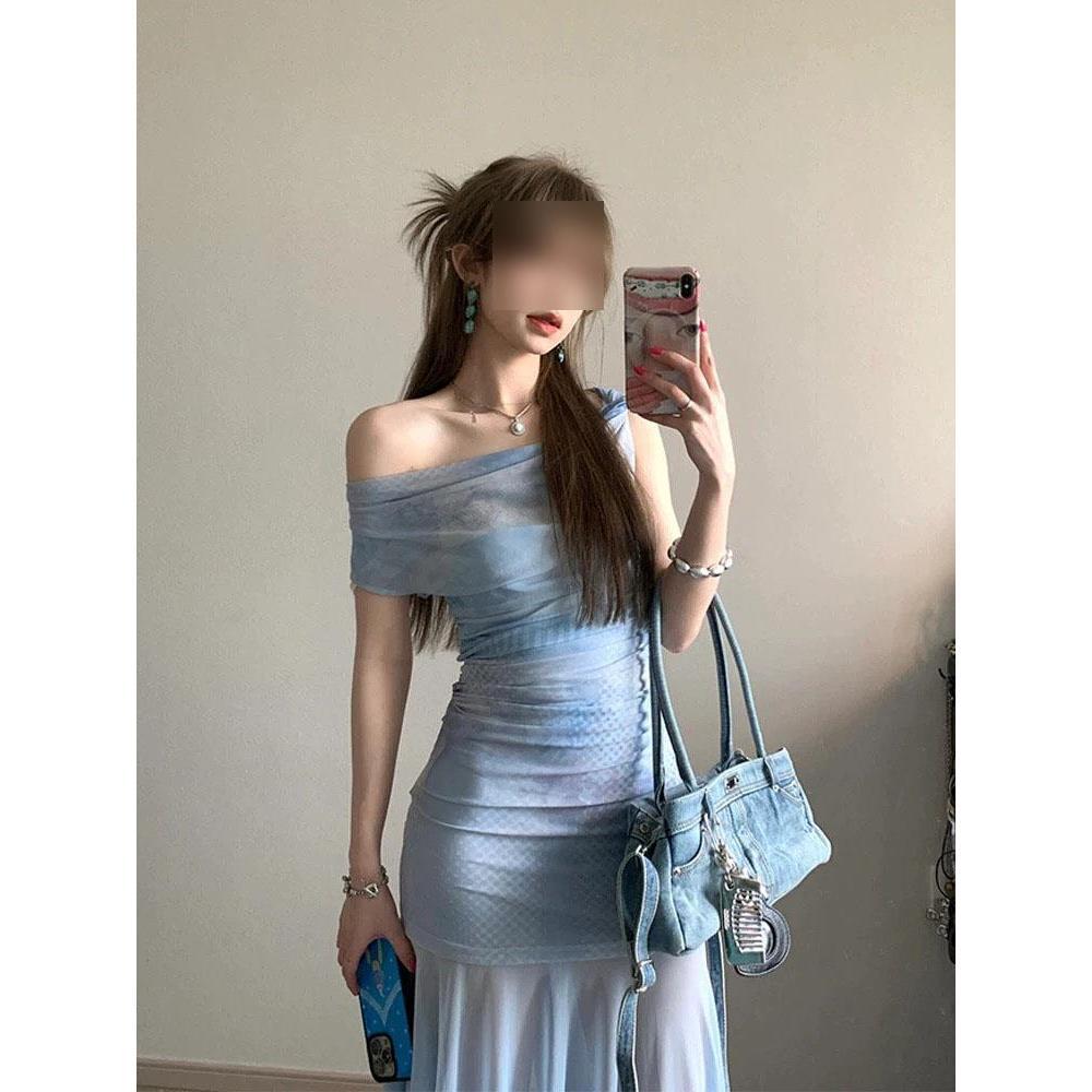 

Платье с косым плечом, слегка прозрачная юбка из тюля А-силуэта, стиль для отдыха на море, повседневное пляжное платье с облегающим бедра подолом «рыбий хвост» XL- (recommended 110-60kg)