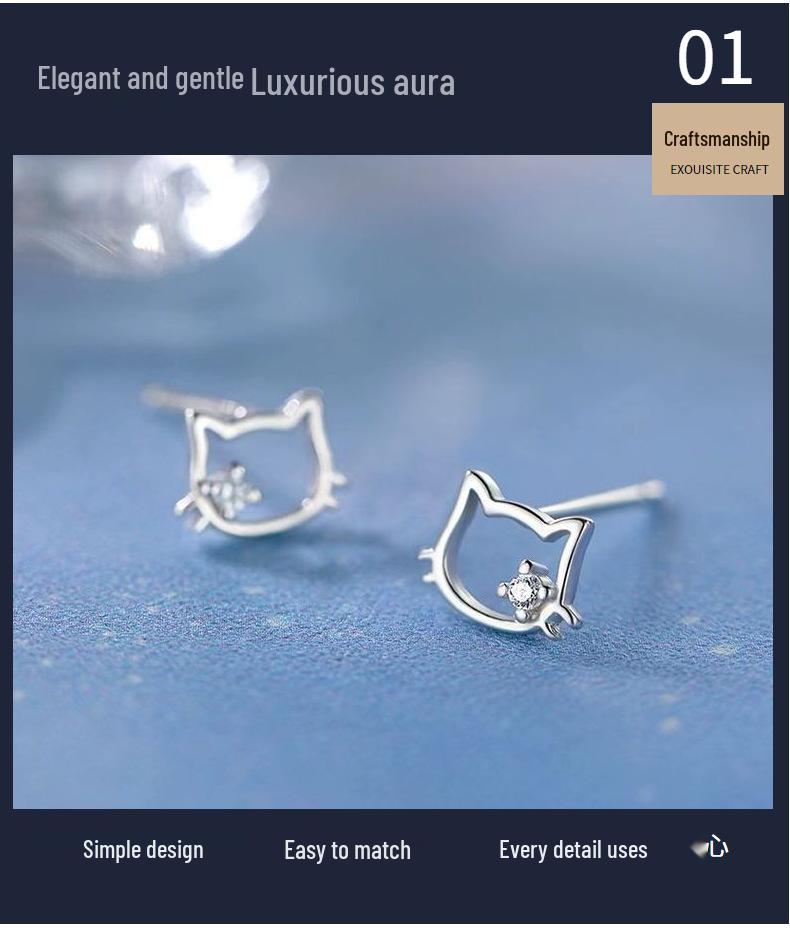 S999 Sterling Silver Zirconia Hollow Cat Stud Earrings for Women - No Need To Remove, Simple & Cute Design