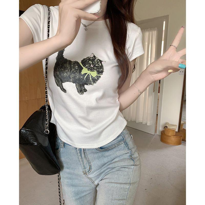Rundhalsad Rak axel Smal Bodysuit för Kvinnors Sommar Ny Liten Design Tryckt Kortärmad T-shirt