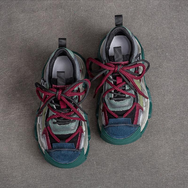 Johnature Casual Flache Schuhe Frauen Turnschuhe Echtes Leder Mischfarben Retro Bequeme Dicke Sohle Plattform Turnschuhe