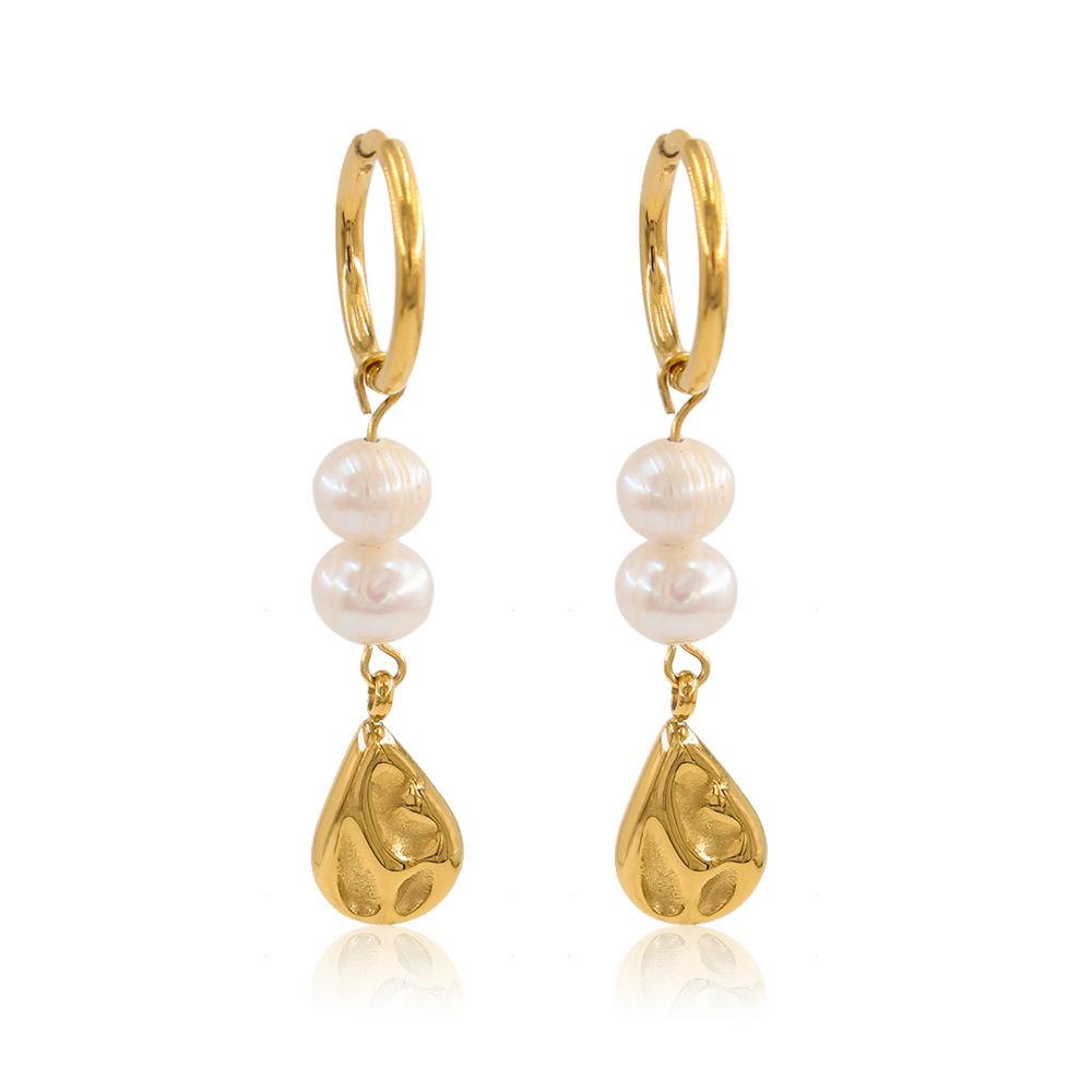 Natural Freshwater Pearl Round & Teardrop Stainless Steel Long Dangle Earrings золотой